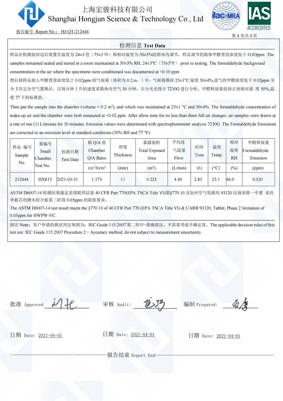 Plywood CARB P2-TSCA Title VI test report page 4 - PDL Furniture