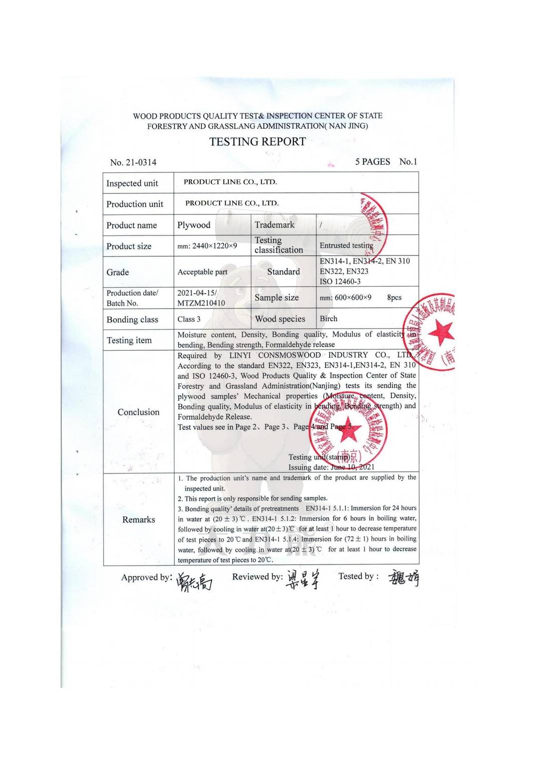 Plywood EN314-1,EN314-2,EN 310,EN322, EN323, ISO 12460-3 test report page 2 - PDL Furniture