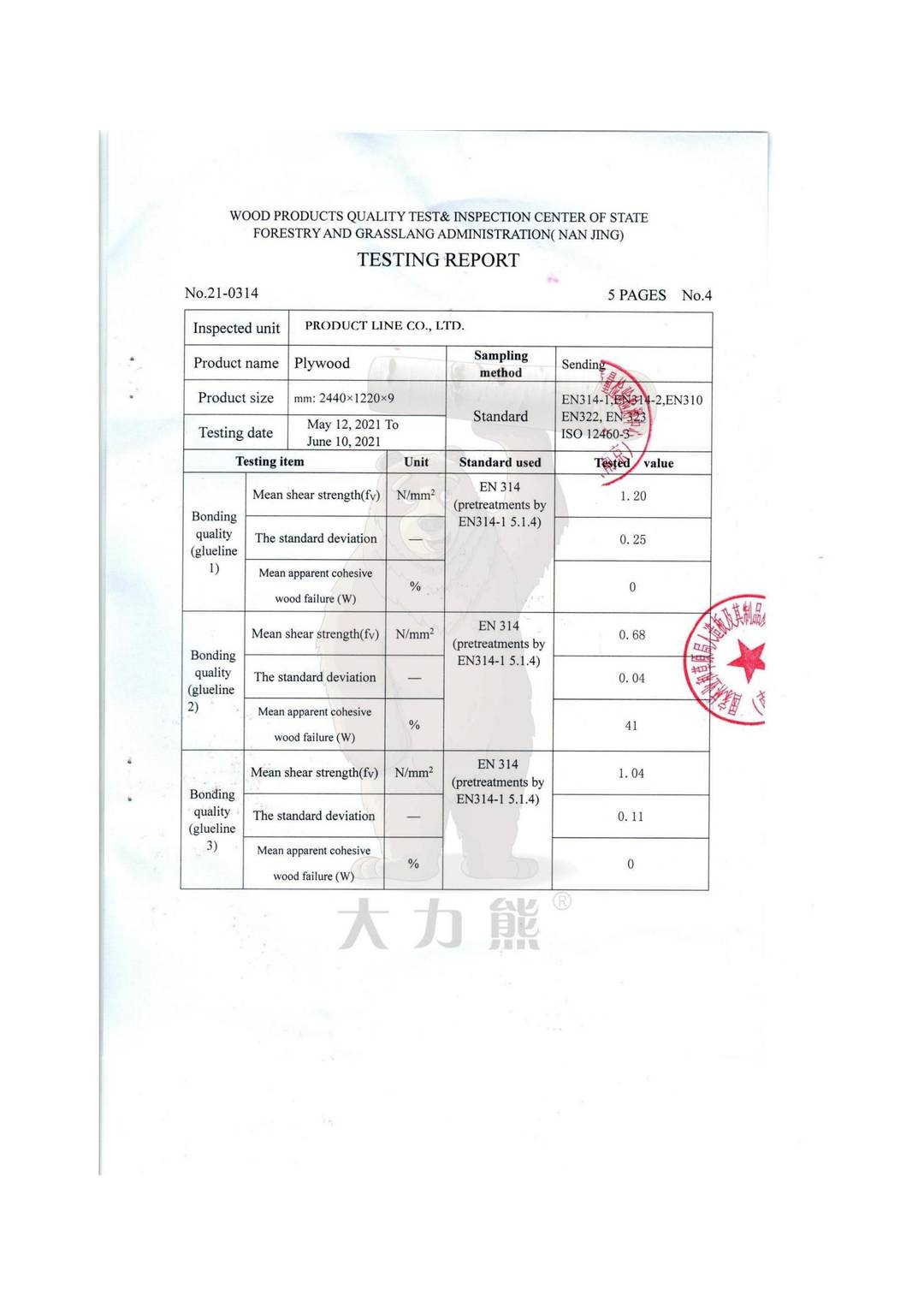 Plywood EN314-1,EN314-2,EN 310,EN322, EN323, ISO 12460-3 test report page 5 - PDL Furniture
