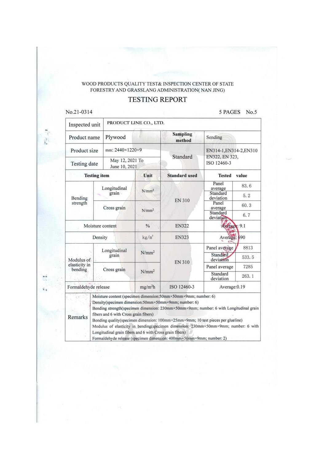 Plywood EN314-1,EN314-2,EN 310,EN322, EN323, ISO 12460-3 test report page 6 - PDL Furniture