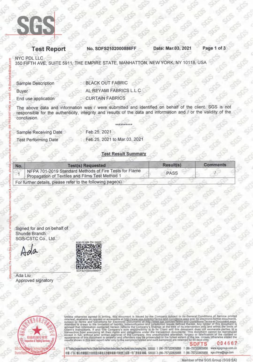 Black out FR NFPA701 test report page 1 - PDL Furniture