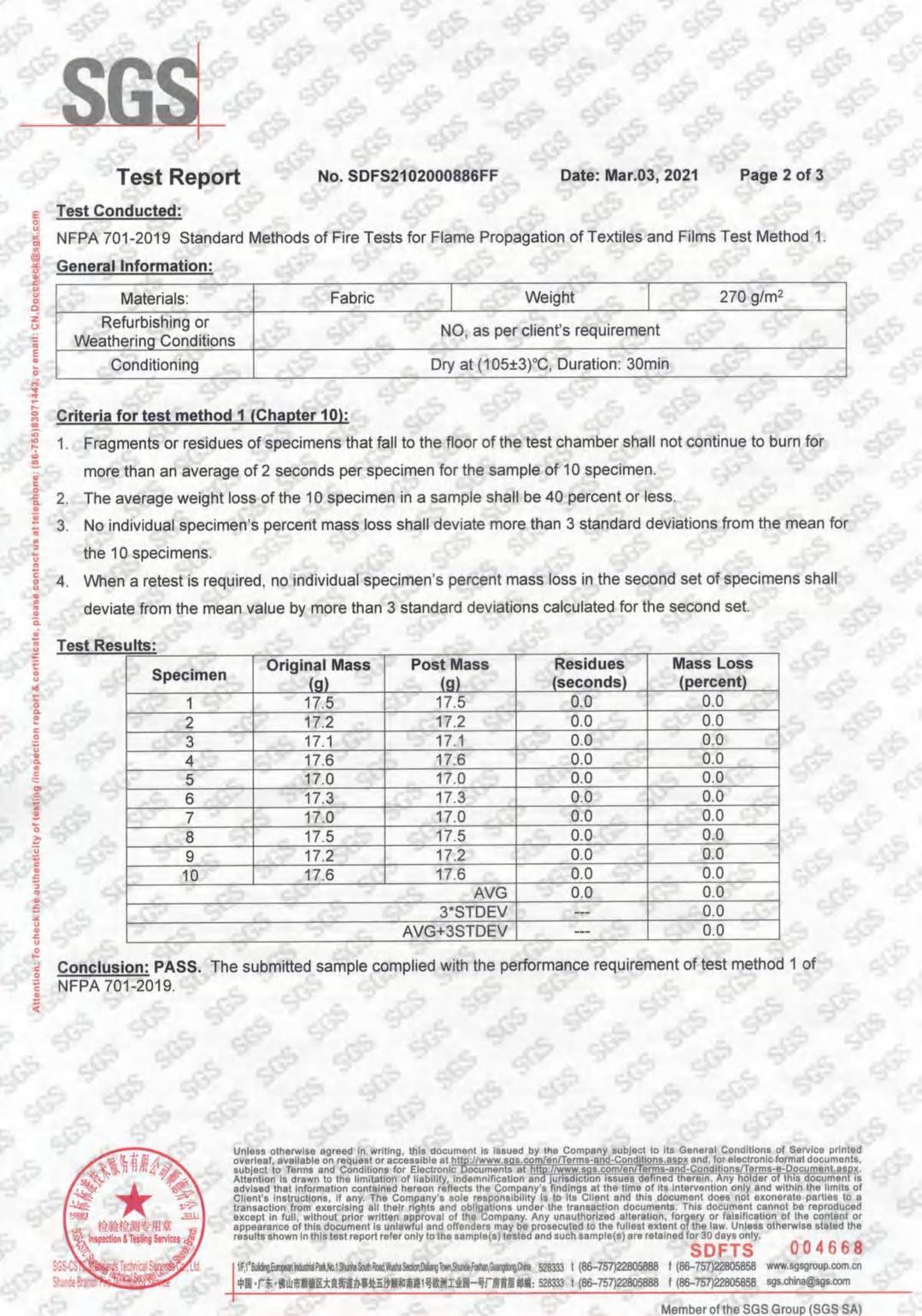 Black out FR NFPA701 test report page 2 - PDL Furniture