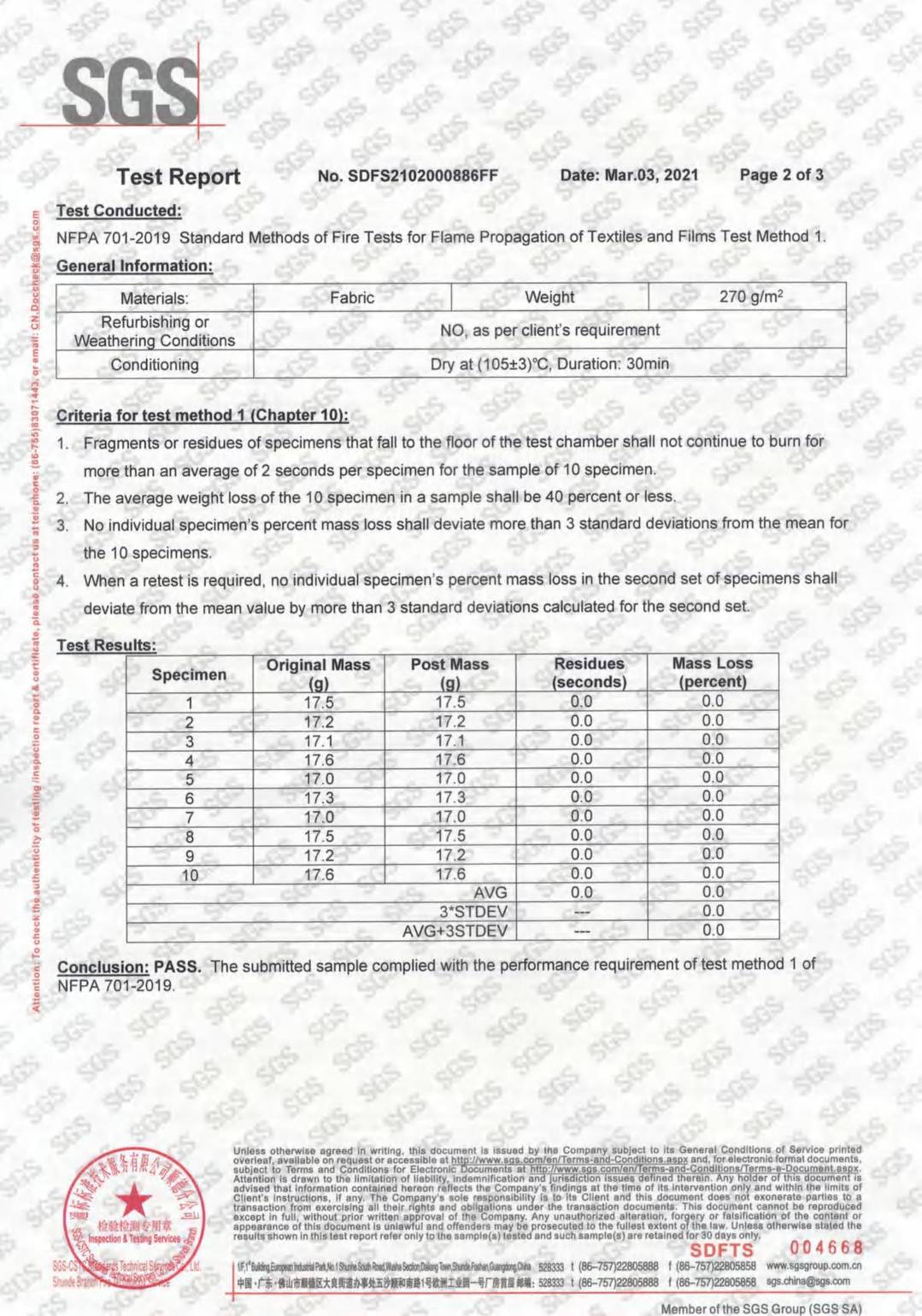Black out FR NFPA701 test report page 3 - PDL Furniture