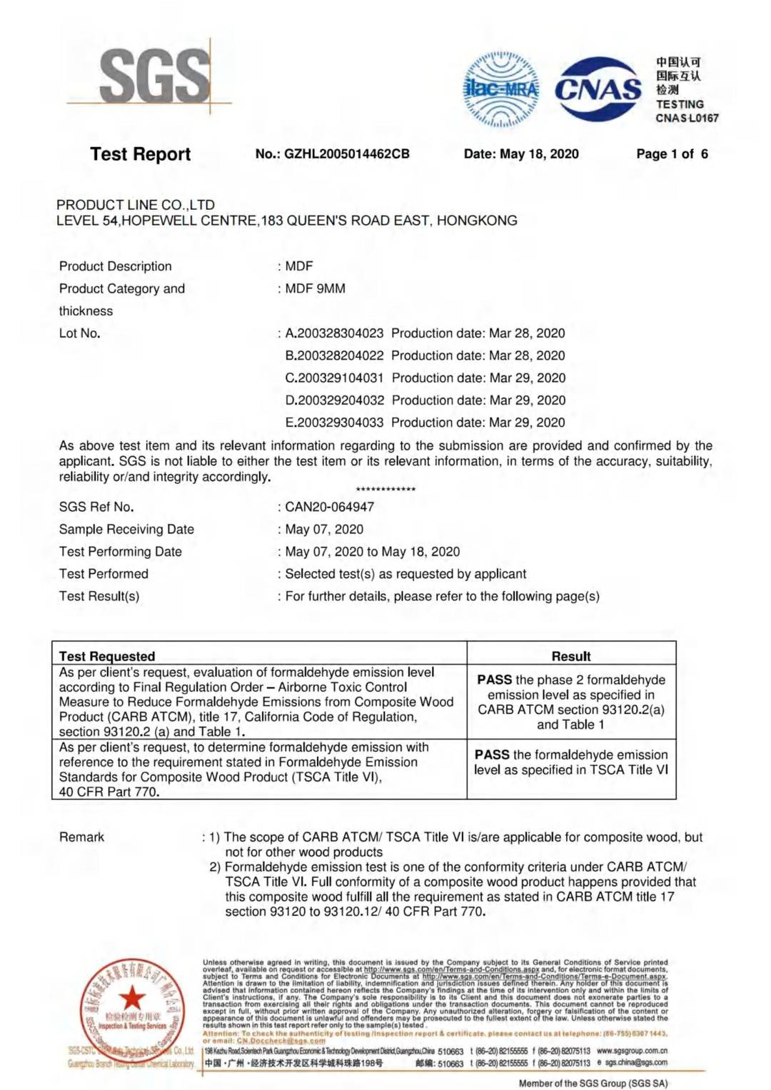 MDF CARB ACTM 93120.2a and Table 1 & TSCA Title VI 40 CFR Part 770 test report page 1 - PDL Furniture