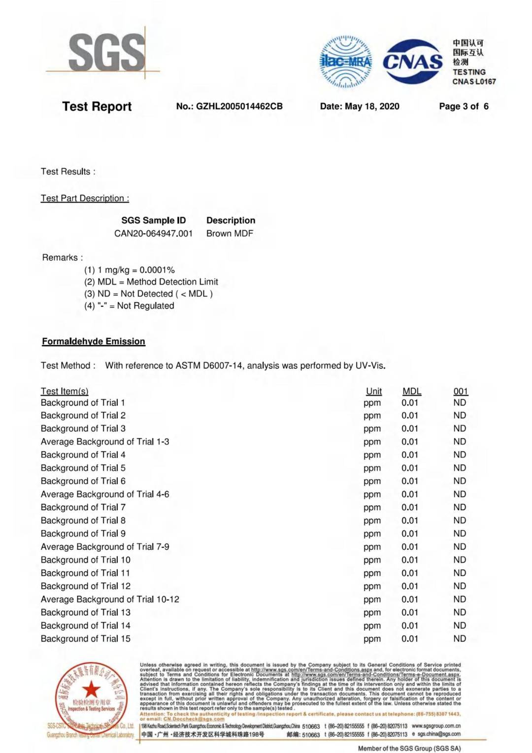 MDF CARB ACTM 93120.2a and Table 1 & TSCA Title VI 40 CFR Part 770 test report page 3 - PDL Furniture
