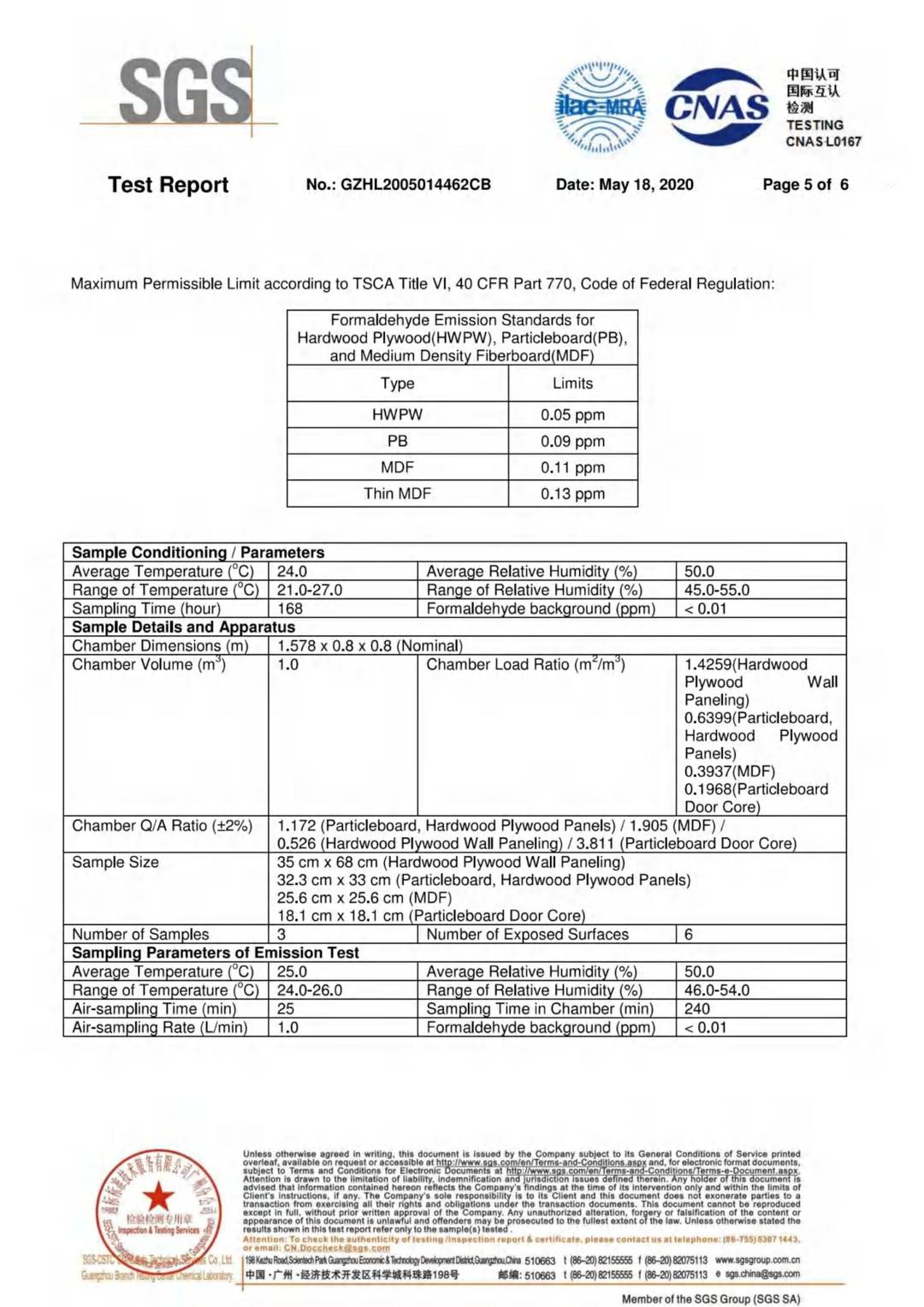 MDF CARB ACTM 93120.2a and Table 1 & TSCA Title VI 40 CFR Part 770 test report page 5 - PDL Furniture