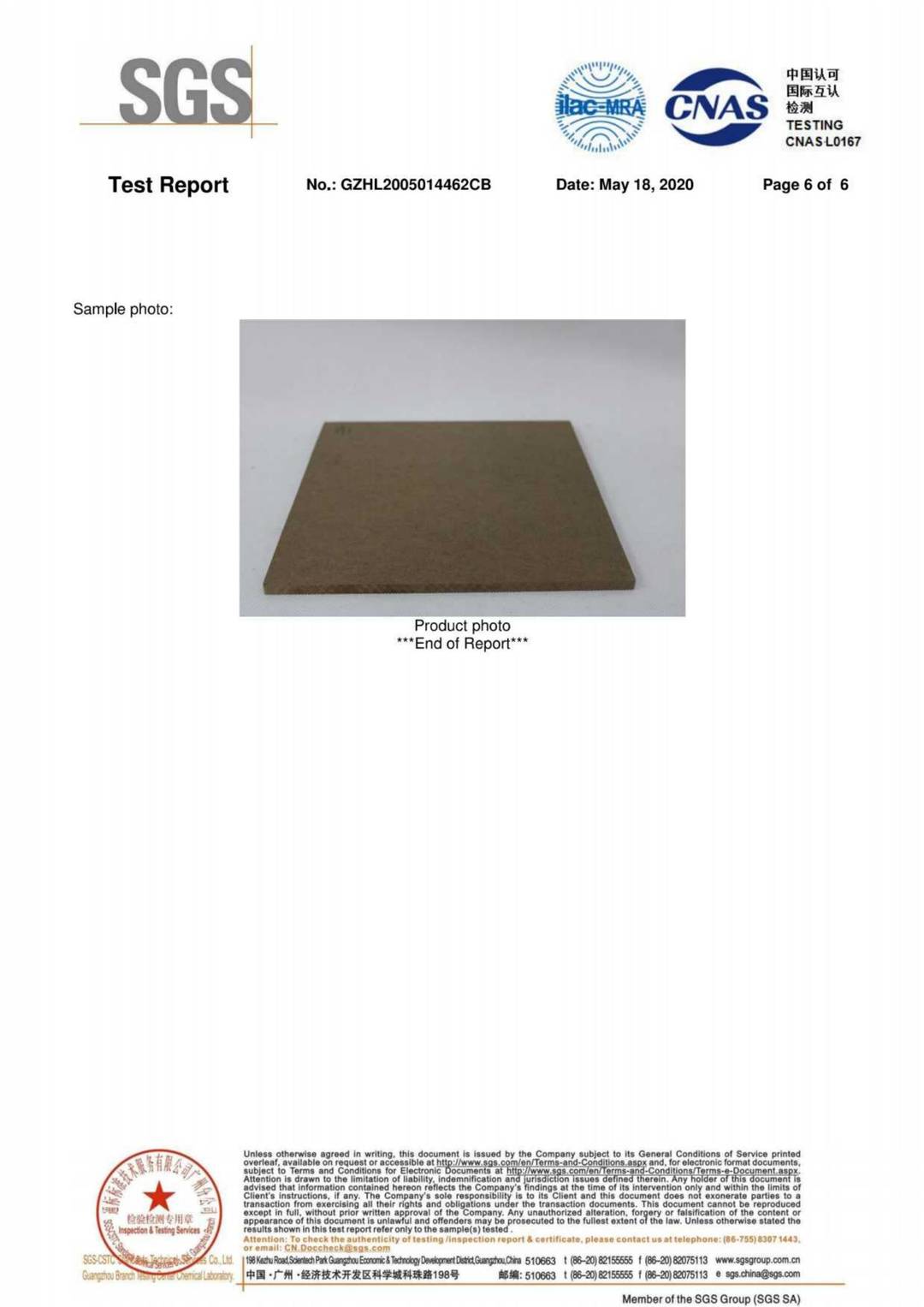 MDF CARB ACTM 93120.2a and Table 1 & TSCA Title VI 40 CFR Part 770 test report page 6 - PDL Furniture