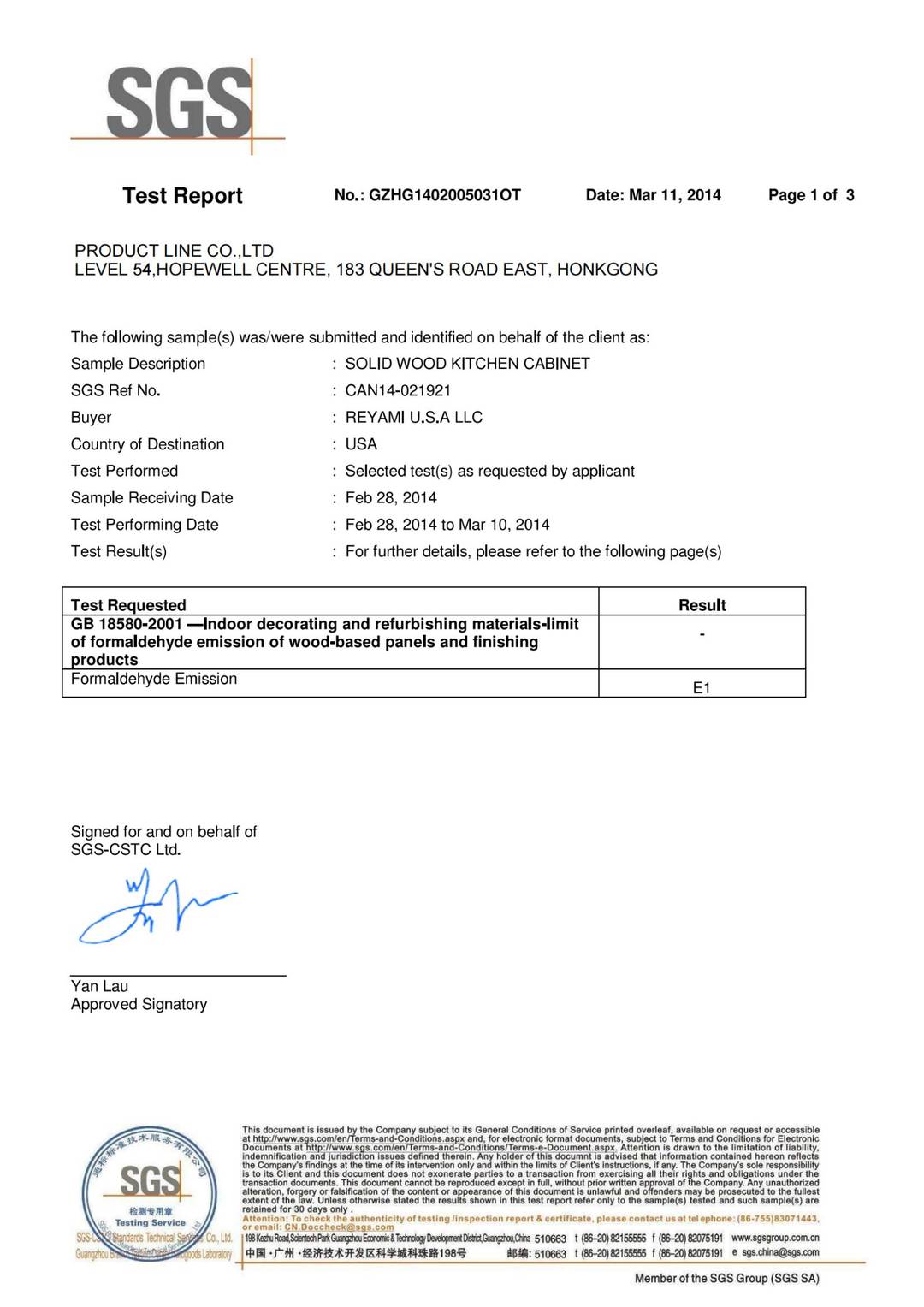 Solid Wood GB 18580-2001 test report page 1 - PDL Furniture