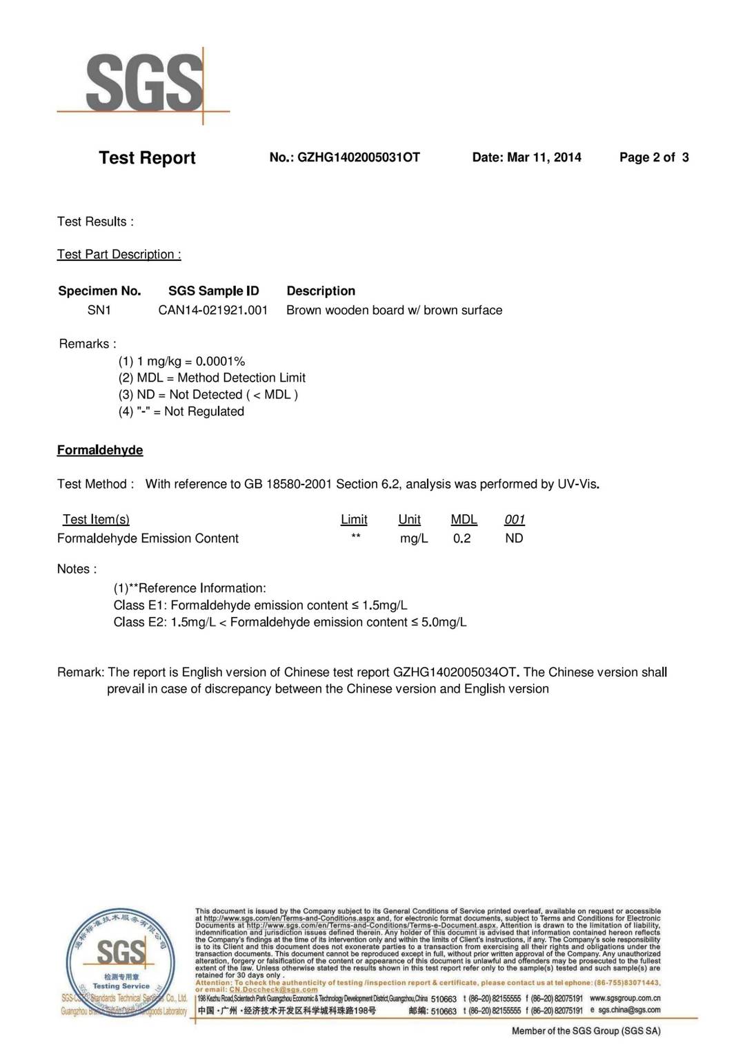 Solid Wood GB 18580-2001 test report page 2 - PDL Furniture
