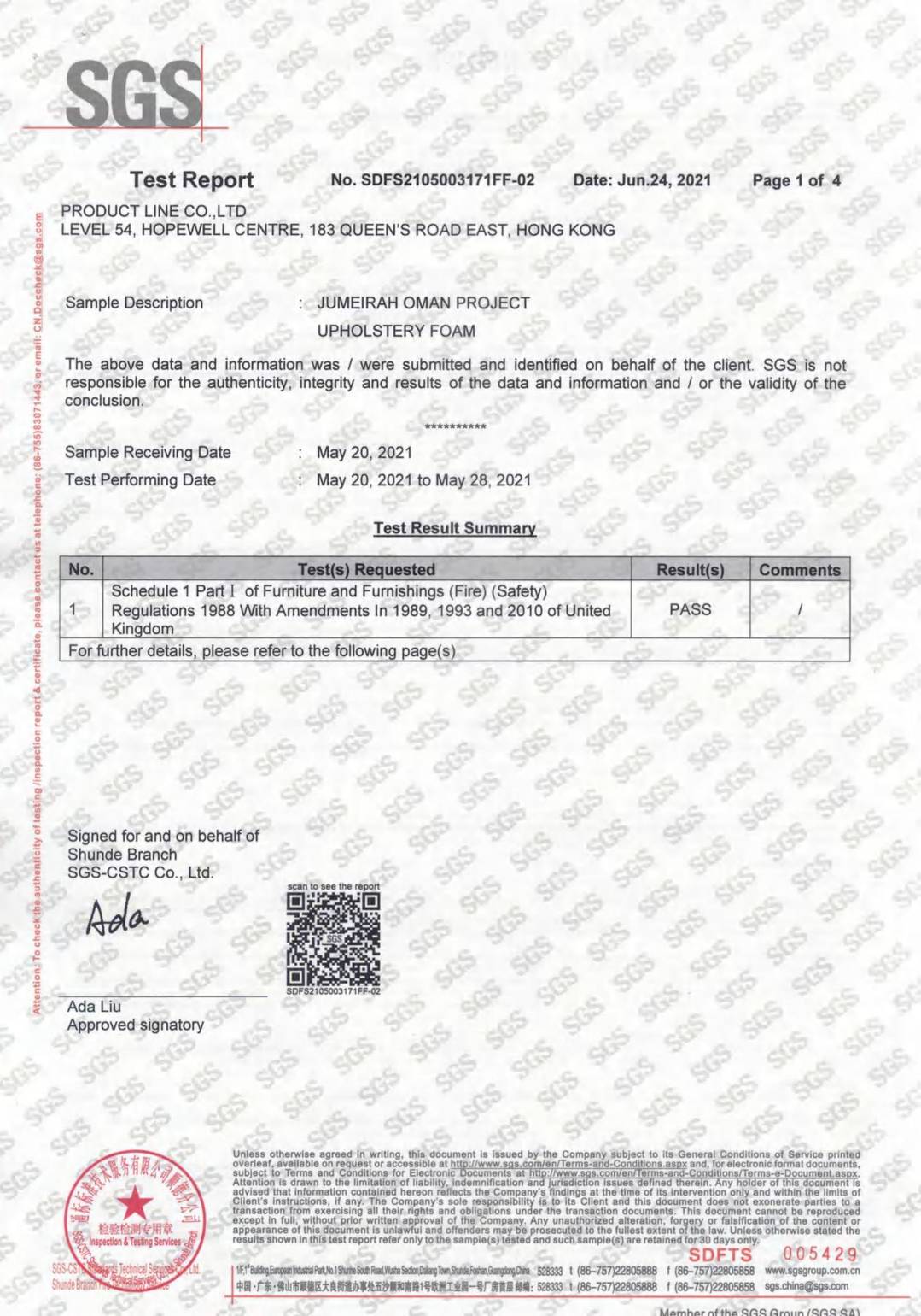 Foam BS5852 Fire Rated test report page 1 - PDL Furniture