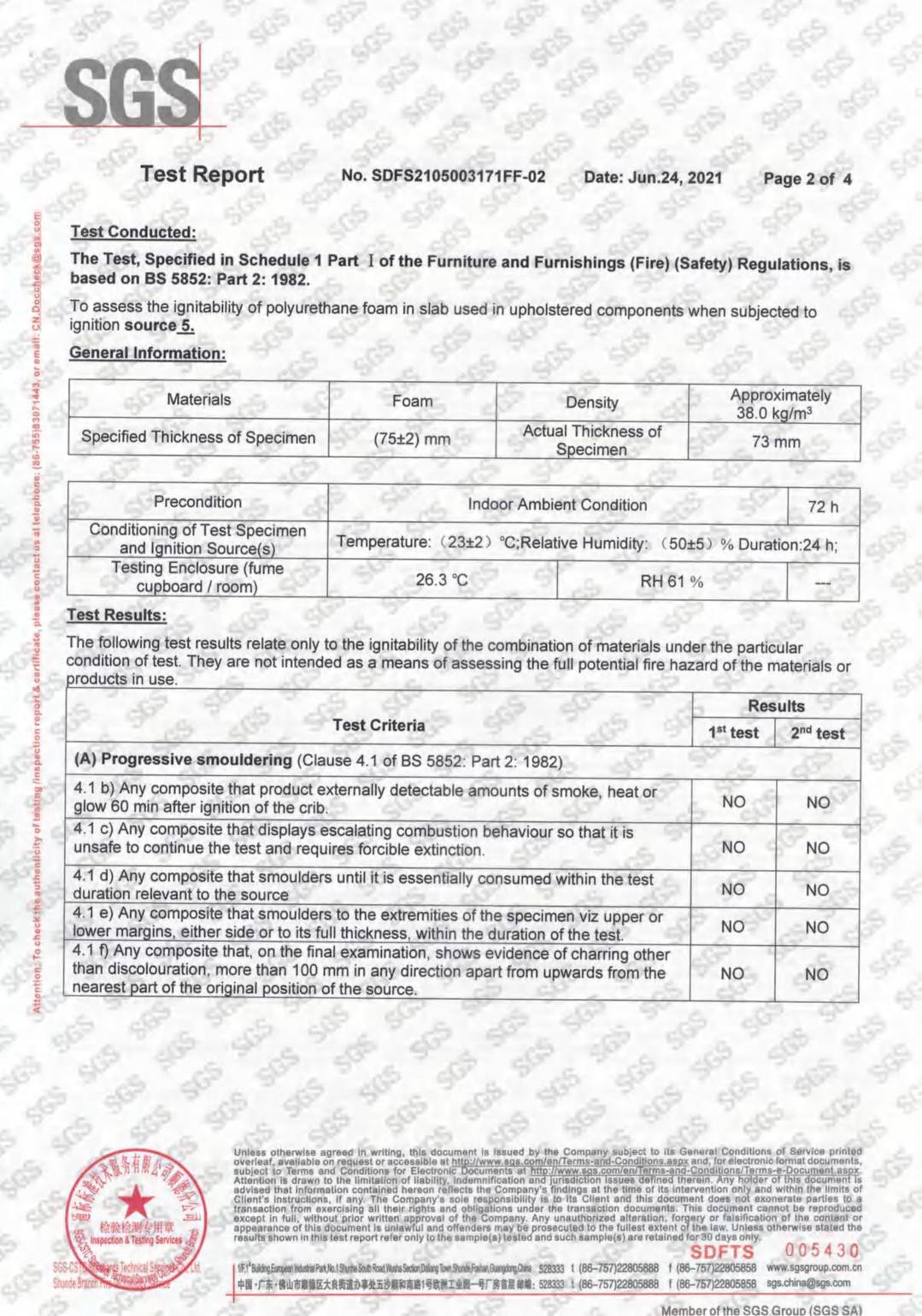 Foam BS5852 Fire Rated test report page 2 - PDL Furniture