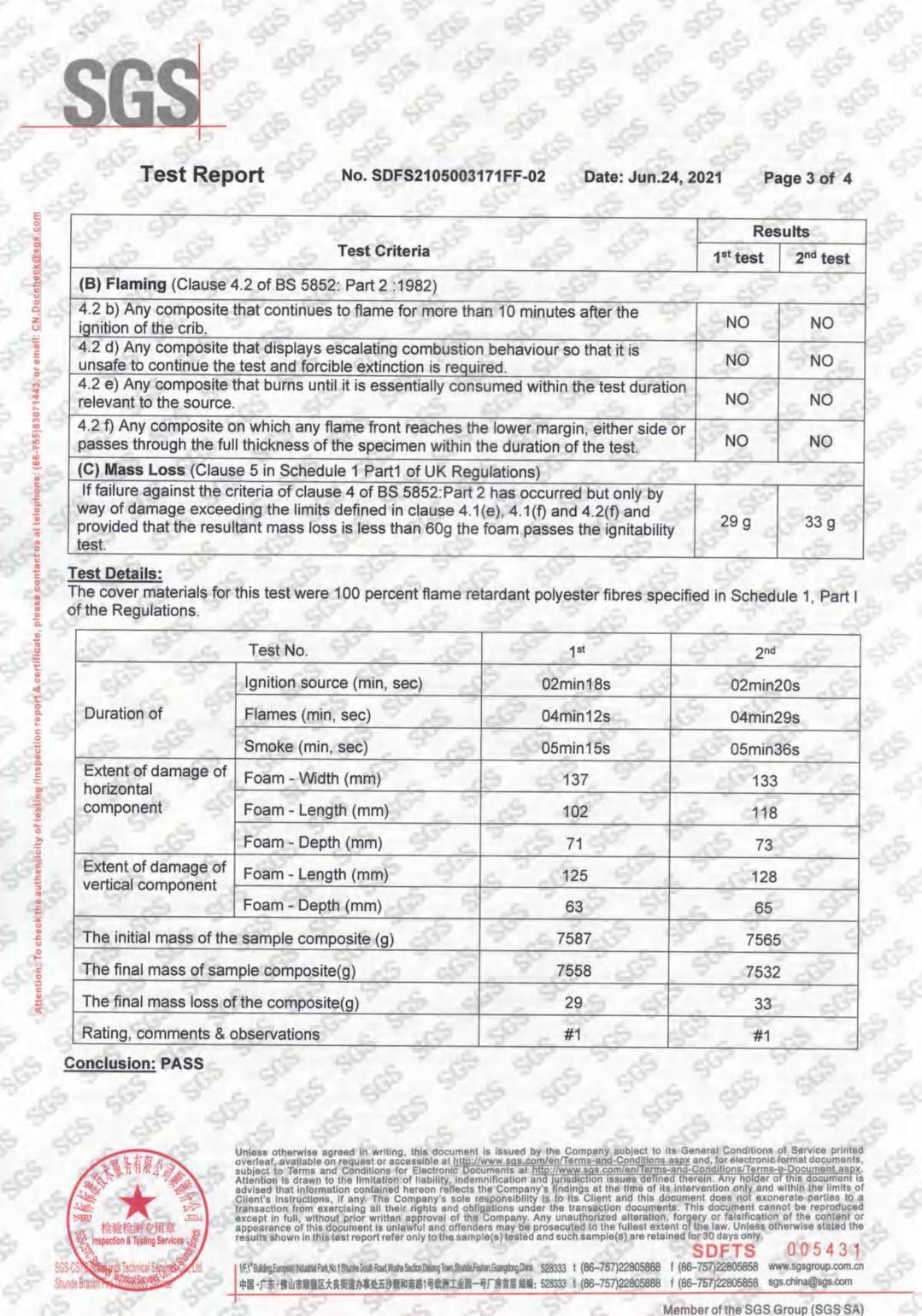 Foam BS5852 Fire Rated test report page 3 - PDL Furniture