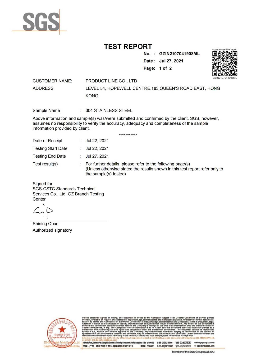 Stainless Steel Grade #304 test report page 1 - PDL Furniture