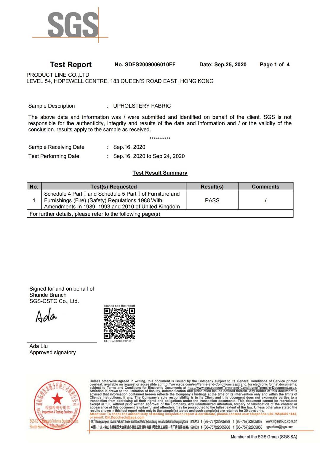 Fabric F.R BS 5852 test report page 1 - PDL Furniture