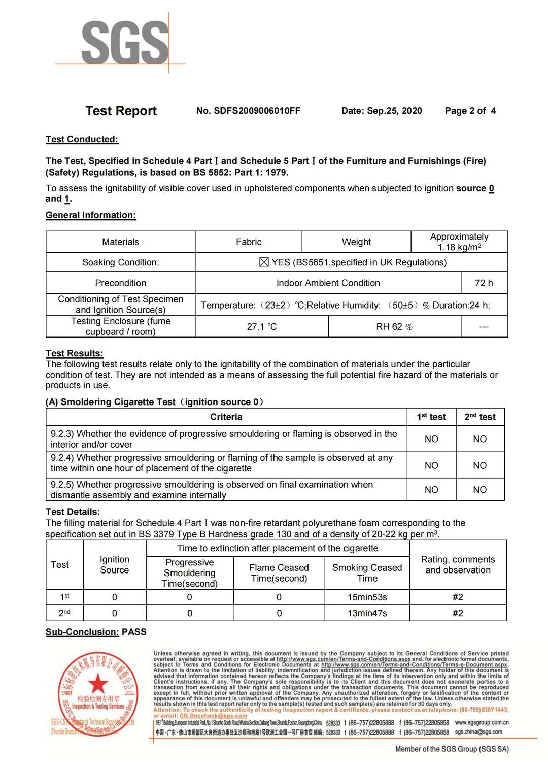 Fabric F.R BS 5852 test report page 2 - PDL Furniture