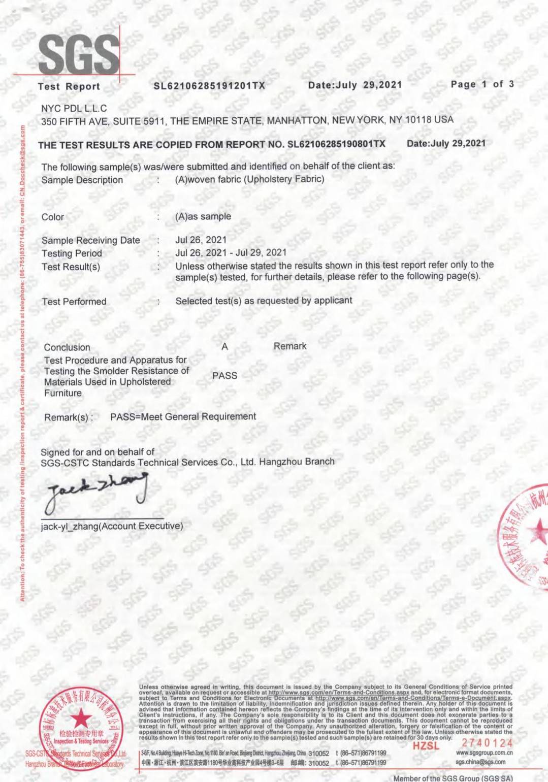 Fabric F.R CA117 test report page 3 - PDL Furniture