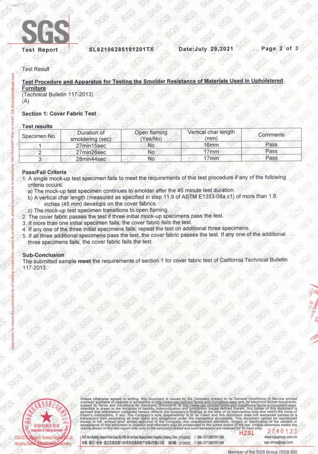 Fabric F.R CA117 test report page 1 - PDL Furniture