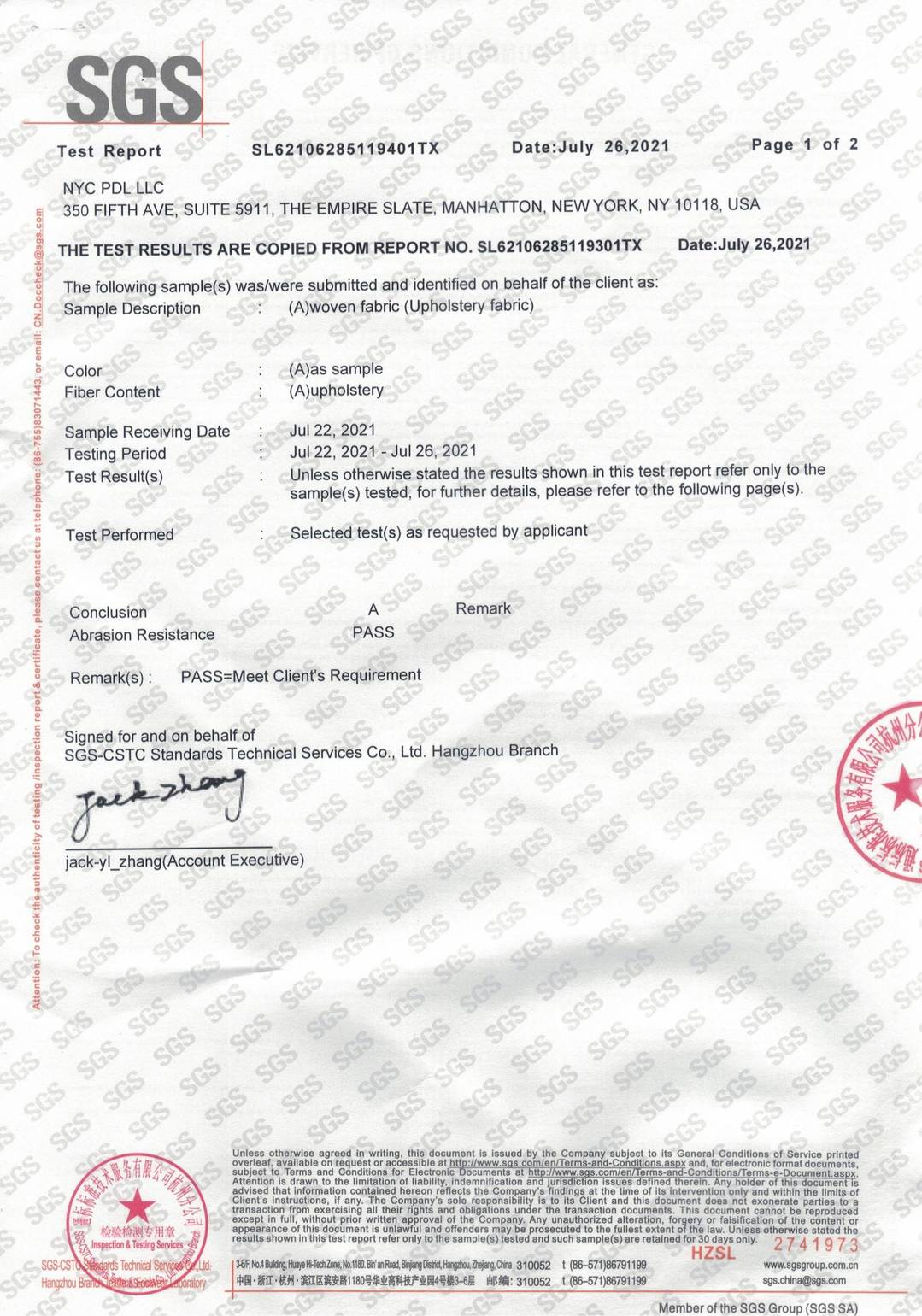 Fabric Rubs(35000) test report page 2 - PDL Furniture
