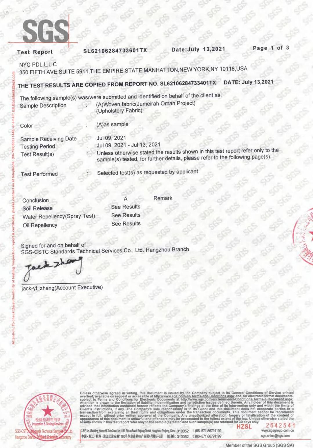 Fabric Stain Resistance (Soil Release, Water Repellency, Oil Repellency) test report page 1 - PDL Furniture