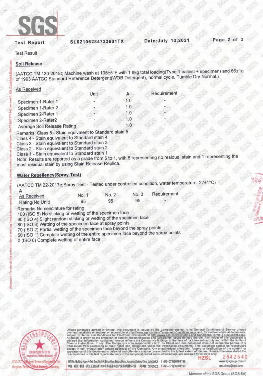 Fabric Stain Resistance (Soil Release, Water Repellency, Oil Repellency) test report page 2 - PDL Furniture