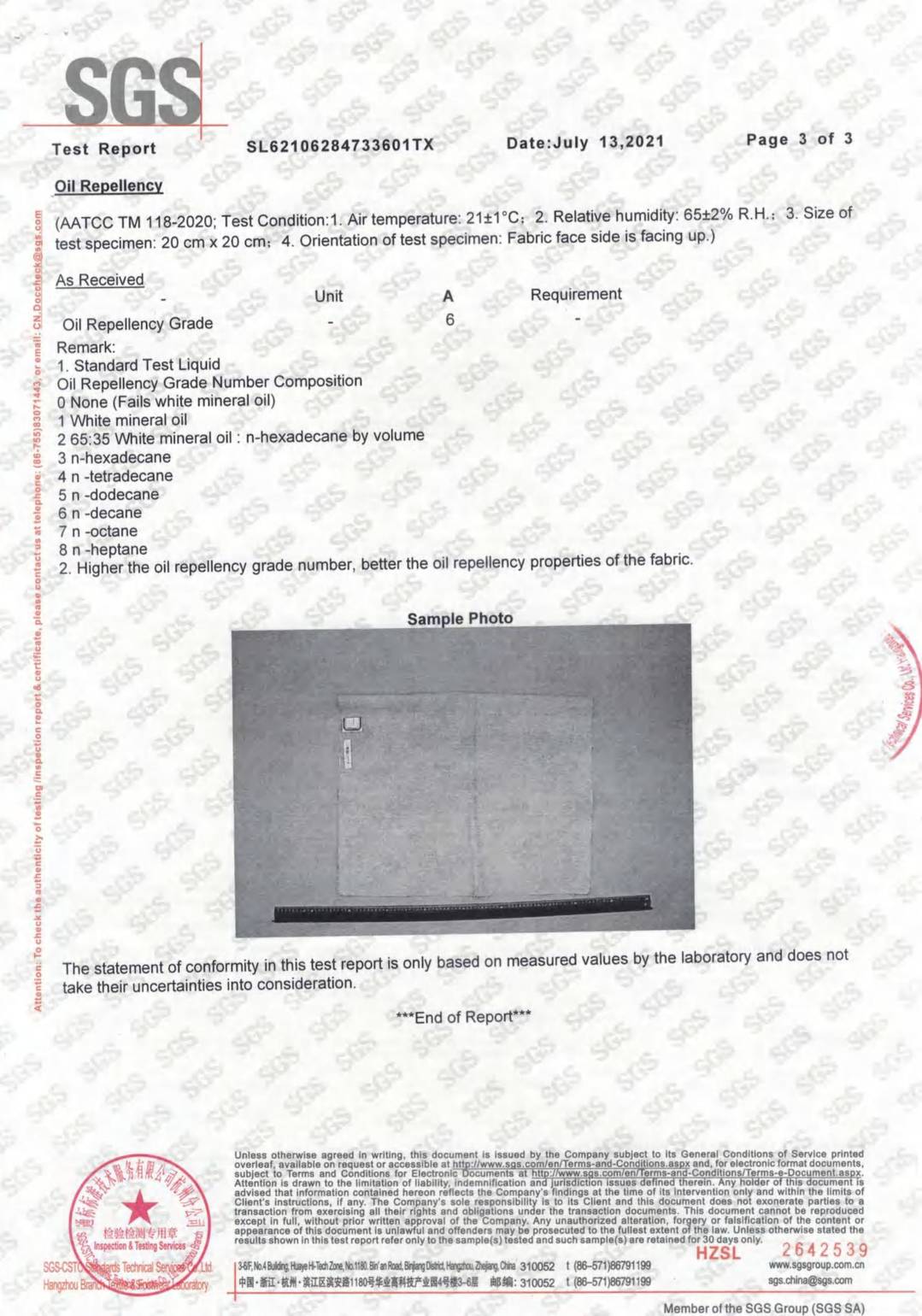 Fabric Stain Resistance (Soil Release, Water Repellency, Oil Repellency) test report page 3 - PDL Furniture