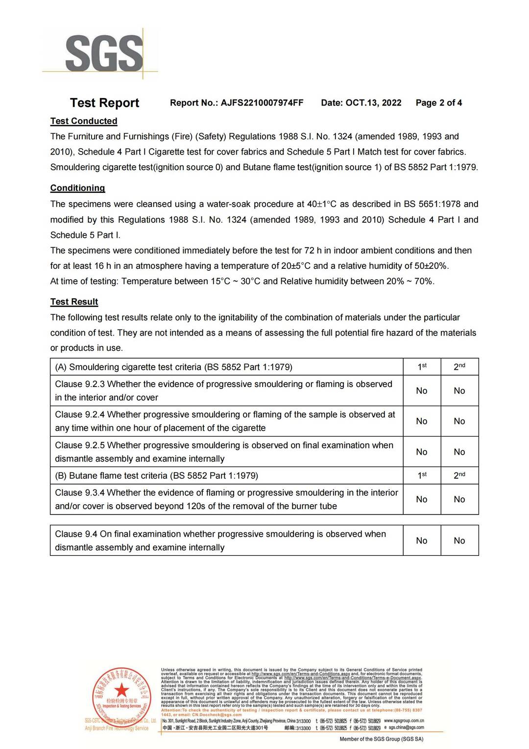 (Velvet Fabric BS5852) AJFS2210007974FF test report page 2 - PDL Furniture