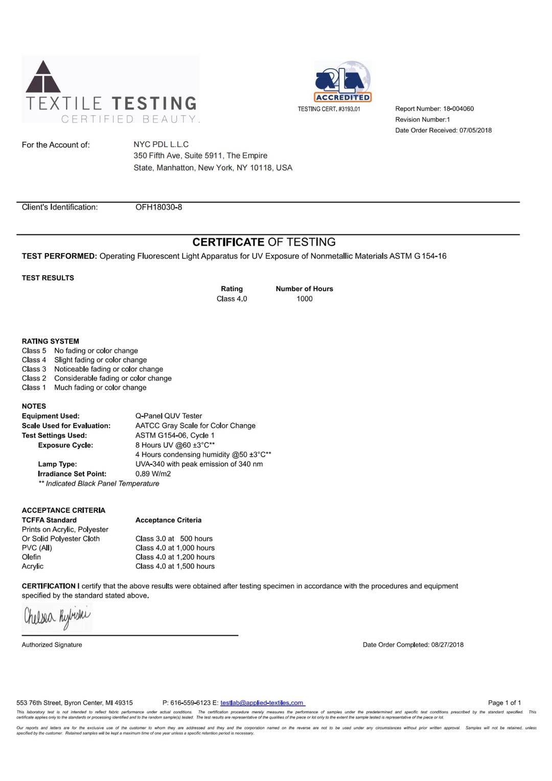 Polyester Lightfast 1000 hours ( OFH18030-8-)_ test report page 1 - PDL Furniture
