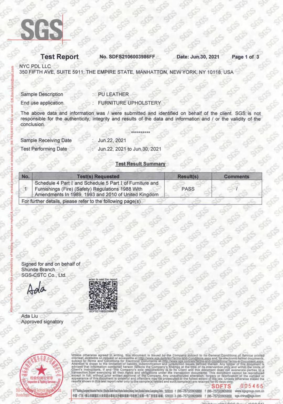 Faux Leather F.R BS5852 test report page 1 - PDL Furniture