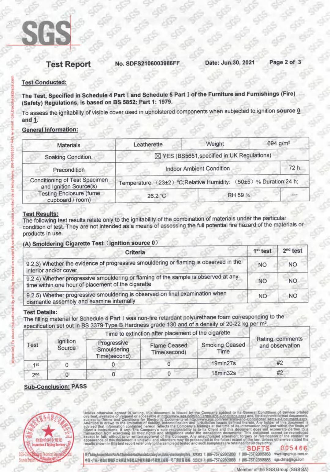 Faux Leather F.R BS5852 test report page 2 - PDL Furniture