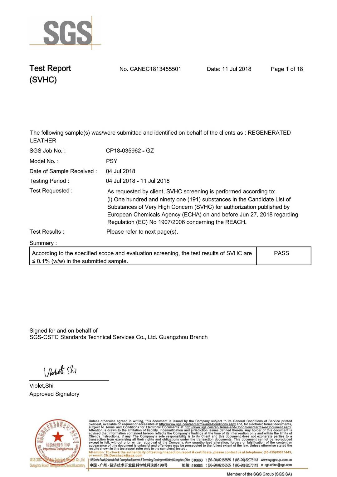 Substances of Very High Concern (SVHC)–REACH 191 test report page 7 - PDL Furniture