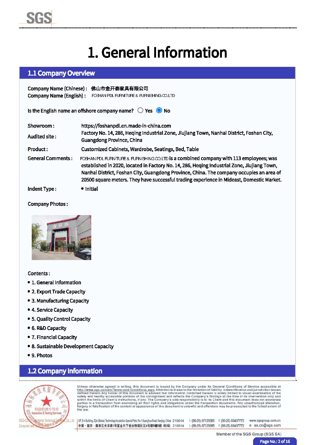 SGS Factory Audit 2025 test report page 2 - PDL Furniture