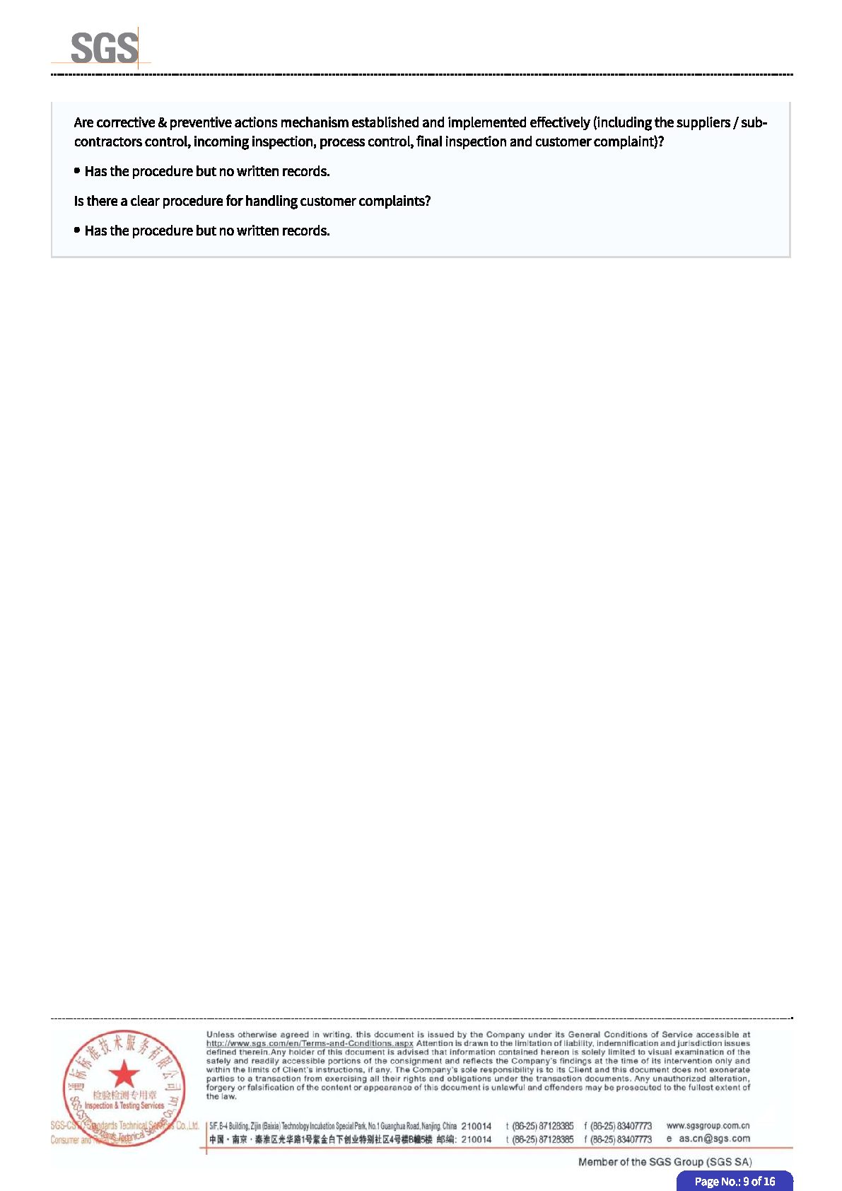 SGS Factory Audit 2025 test report page 9 - PDL Furniture